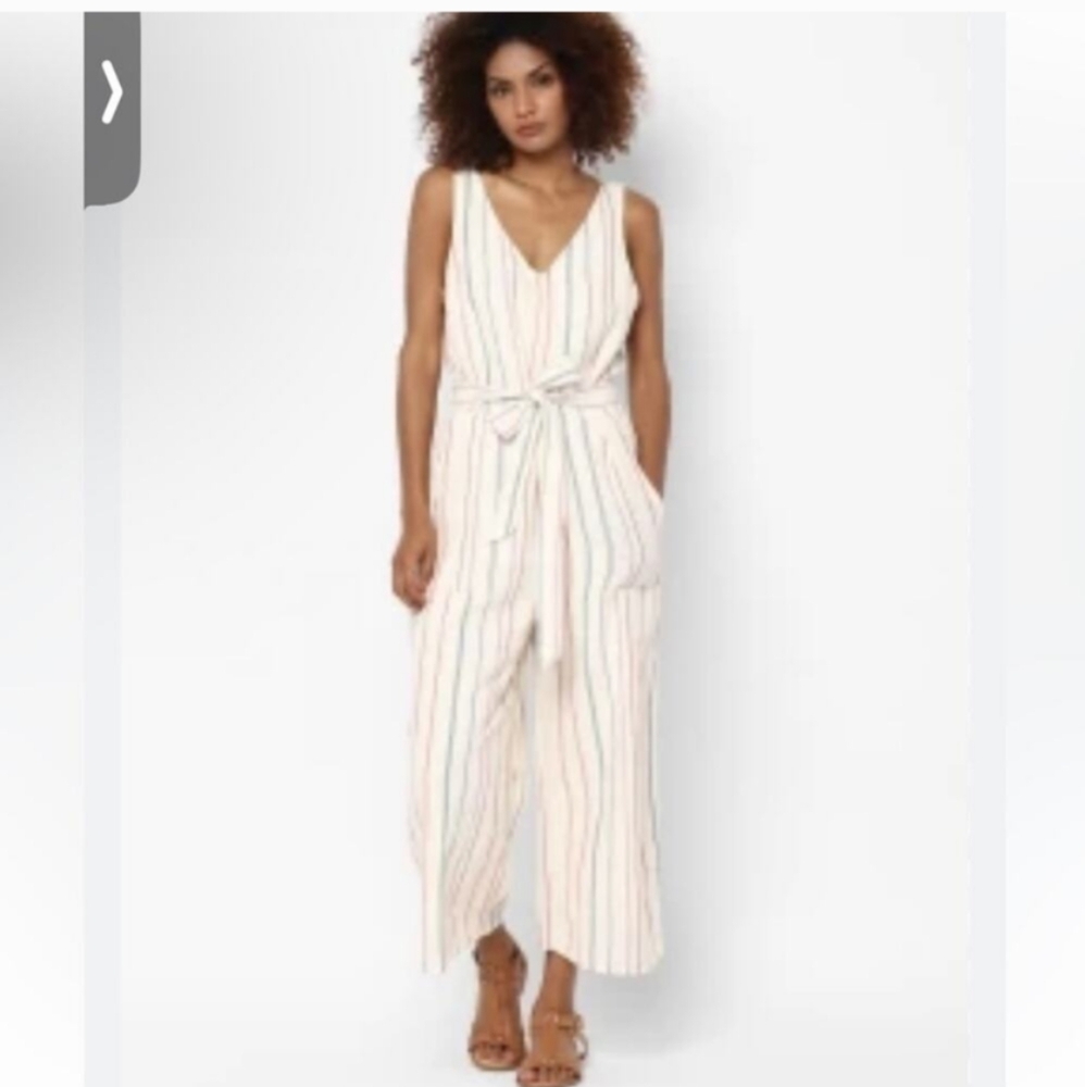 American Eagle Cream Rainbow Stripe Linen Jumpsuit Sz S Cottagecore Casual Boho